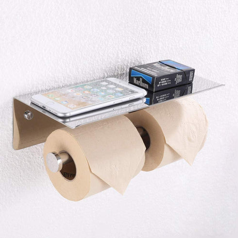 Double Toilet Paper Holder with Shelf Polished Chrome, APLusee SUS304 Stainless Steel Contemporary Bathroom Tissue Roll Holder Cell Phone Storage Rack