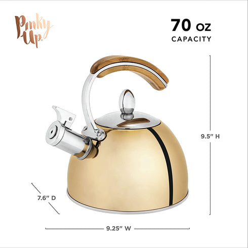 Pinky Up Presley Gold 70 Oz Tea Kettle, Stovetop Induction Stainless Steel Whistling Kettle