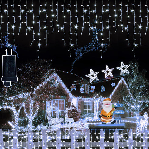 LJX Christmas Lights Outdoor Decorations Icicle Lights 32.8Ft 400LED 8 Modes Connectable Christmas String Lights for Holiday Christmas Wedding Party House Garden Bedroom Indoor Decoration Cold White