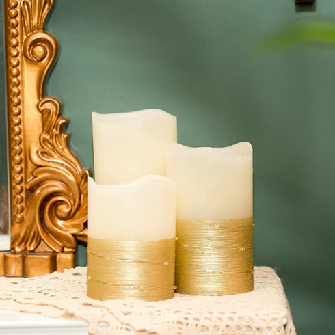 Flickering LED Candle Set with Daily Timer,BeMoment Flameless Candles,Embedded String Lights Stay Lit,Golden Stripes Decorative,Real Wax,Battery Powered,Set of 3(H 4"5"6" x D3")