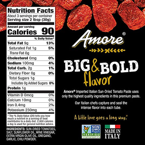 Amore Vegan Sun Dried Tomato Paste In A Tube - Non GMO Certified and Made In Italy (Pack of 1)