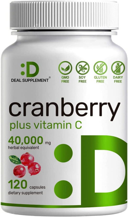 Cranberry Pills with Vitamin C , 2-1 Formula, 100 :1 Fruit Concentrate | Equals to 40,000 mg Fresh Cranberries | 120 Capsules, 4X Ultimate Urinary Tract Support, No Sugar, No GMO, No Gluten