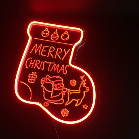 NOXTROND Merry Christmas Sock Festival Neon Light Sign, Red 3D Acrylic Light Up Words LED Lights Sign, USB Powered Dimmable Desk Lamp for Wall Indoor Christmas Party Bar Decoration