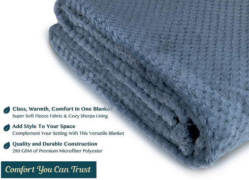 PAVILIA Waffle Textured Fleece Throw Blanket for Couch Sofa, Dusty Slate Light Blue | Soft Plush Velvet Flannel Blanket for Living Room | Fuzzy Lightweight Microfiber Throw for All Seasons, 50 x 60