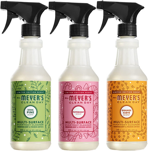 Mrs. Meyers Clean Day Limited Edition Scent Multi Surface Cleaner Bundle, 1 Iowa Pine Scent, 1 Peppermint Scent, 1 Orange Clove Scent, 16 FL OZ Bottles (3 CT)