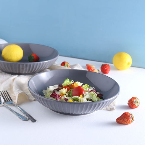 Bestone Pasta Bowls 40oz, Porcelain Embossed Strip Serving Bowls, Large Salad Soup Bowls, Microwave & Dishwasher Safe, Set of 4, Grey