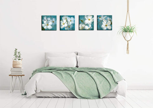 Flowers Wall Art Canvas Picture Bathroom Wall Decor White Blossom Blue Background Canvas Artwork Bedroom Living Room Wall Decor Contemporary Canvas Painting Office Home Decor 12" x 12" x 4 Pieces