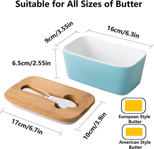Porcelain Butter Dish with Knife & Wooden Lid, Candiicap Airtight Butter Keeper for Countertop, Large Butter Holder for East West Coast Butter(Matte Black)