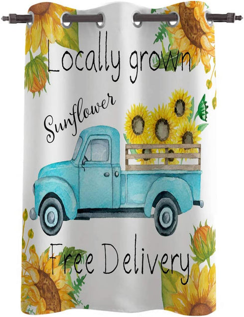 WARM TOUR Window Curtain Panel Blue Truck with Sunflowers Printing Decor Durable Drapes for Bedroom Kitchen Living Room Farm Country Theme 52×36Inch