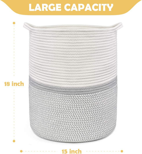 Laundry Basket, Large Woven Cotton Rope Basket with Handles, 100% Natural Cotton Baby Storage Basket, Decorative Basket for Storing Toys, Clothes, Blankets and Pillows 18" x 15"