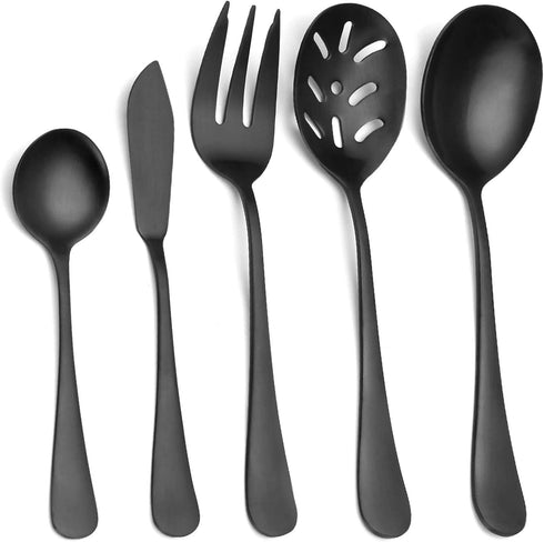 Matte Black Serving Set?SHARECOOK 5-Piece 18/0 Stainless Steel Large Hostess Set with Round Edge, Satin Finished, Dishwasher Safe -Spoons, Forks,Butter Knife& Slotted Spoon
