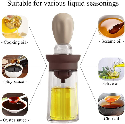 Sunnyac Oil Dispenser Bottle, 2 in 1 Oil Bottle with Silicone Measuring Basting Brush, 6oz Glass Condiment Bottles for Kitchen Cooking, BBQ, Baking, Pancake, Air Fryer, Marinating (Coffee)