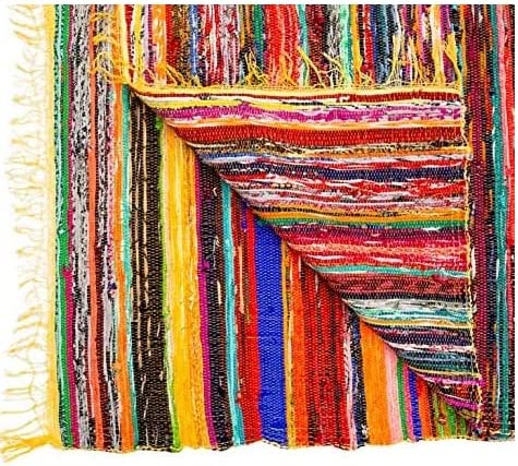 Multi Color Chindi Rag Rug 4X6' | Hand Woven Rug & Reversible Rug | Living Room Rugs | Kitchen Rugs | Cotton Rag Rug 48x72 inch | Rustic Rug | Cotton Rug | Runner Rugs (Mustard Colour)