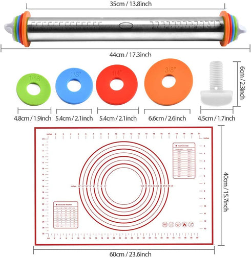 Rolling Pin with Thickness Rings and Pastry Mat for Baking Cookie Chapati Fondant Dough Pastry Pizza Pie Crust, Stainless Steel Roller Pin, Red Mat