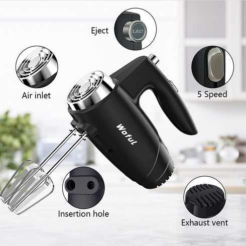 5-Speed 200W Electric Hand Mixer,with Eject Button,4 Stainless Steel Attachments(Beaters and Dough Hooks),for Whipping Cake, Cream,Dough,Cookies,Black