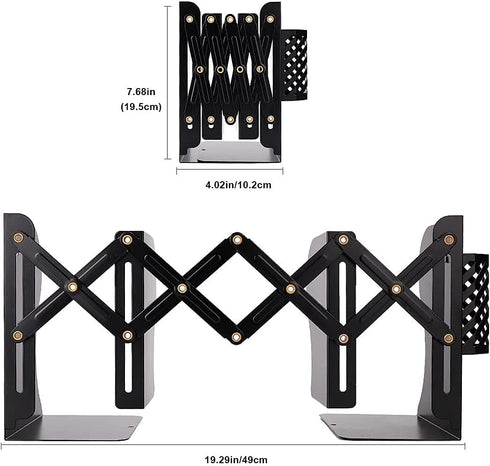 PROWOHO Adjustable Book Ends, Bookends with Removable Pen Holder for Office, Shelves, Desktop File Organizer, Kitchen, School Library and Home, Black