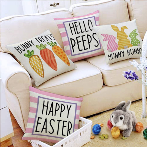Easter Pillow Covers 18x18 Set of 4 Easter Decorations for Home Bunny Treats Hello Peeps Pink Stripes Pillows Easter Decorative Throw Pillows Spring Easter Farmhouse Decor A474-18