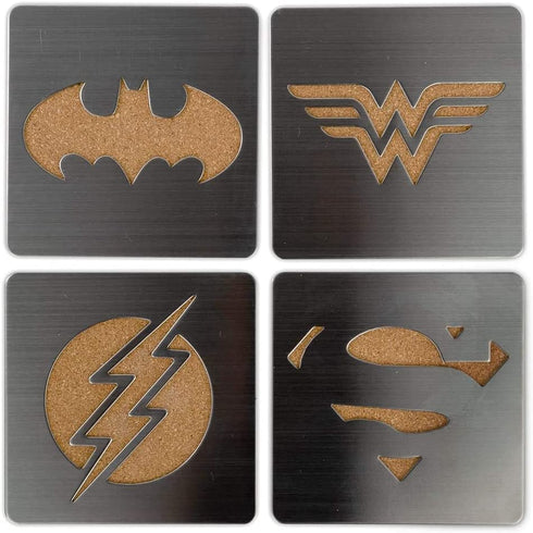 DC Comics Superhero Logo 4-Piece Coaster Set | Batman, Superman, Wonder Woman & The Flash Laser-Cut Justice League Logos - Sturdy, Unique Cork & Ceramic Design - Great Gift Idea