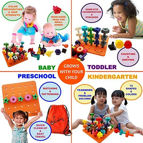 Skoolzy Montessori Toys for 1+ Year Old Girl Gifts. Christmas Sorting Toddler Toys. Boy Sensory Stacking Fine Motor Skills Educational Building Blocks. Toddlers Age 2 3 4 32pc Peg Kids Learning Games