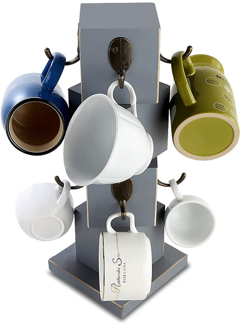 Wood Farmhouse Coffee Mug Stand,Solid Coffee Cup Holder,Rustic Wooden Cup Mug Tree for Counter,Coffee Bar Rack for 8 Mugs (Gray)