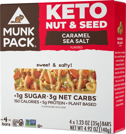 Munk Pack Keto Nut & Seed Bar | Caramel Sea Salt | 4 Bars | Low Carb Keto Snack | Plant Based and Gluten Free Treat | No Added Sugar | Keto Food | Keto Candy Bar | <1g Sugar, 3g Net Carbs,1.23 Ounce (Pack of 4)