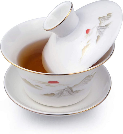 Gaiwan White Porcelain Large 500ml Teacup Sancai Tea Cup Set Lid Sun Beautiful Mountain (16oz large)