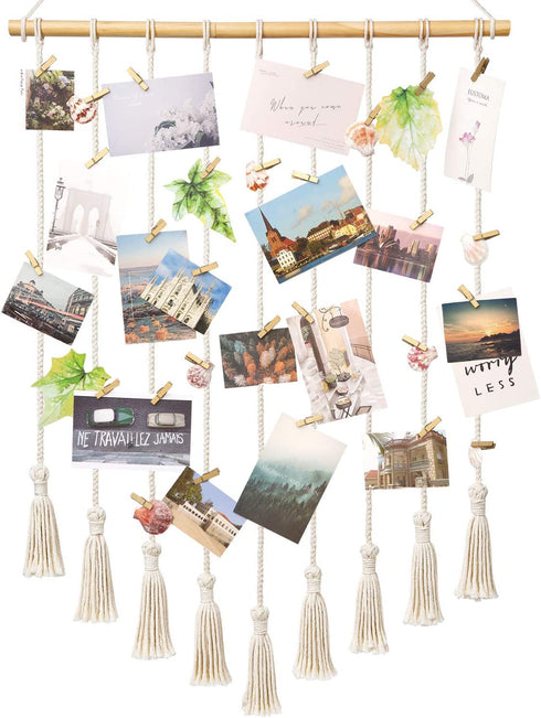 Mkono Hanging Photo Display Macrame Wall Hanging Pictures Cards Holder Boho Home Decor Chic Ornament Gift for Apartment Bedroom Living Room Gallery, with 40 Wood Clips, 37" L x 25.5''W
