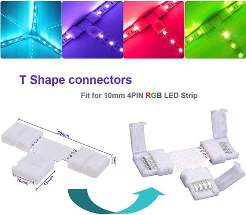 LED Light Strip Connectors Kit Includes 32.8Ft 4 Pin Extension Cable,Corner Connector,T Shape Connector,Strip to Strip Jumper,Strip to Wire Quick Connector,Mounting Clips for 5050 RGB LED Strip Light