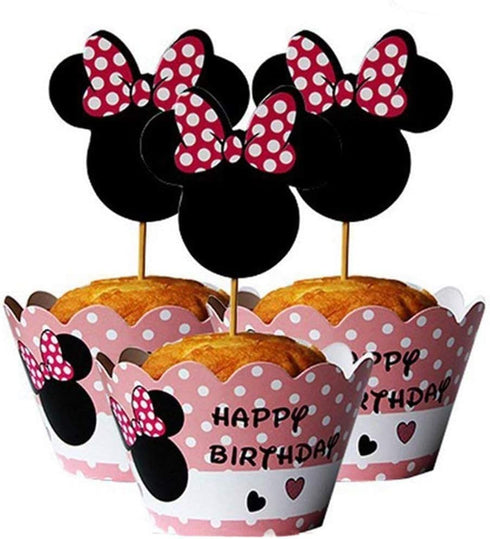 24 Serves Pink Mouse Mini Cupcake Toppers and Wrappers Birthday Cake Decorations for Pink Mouse Pink Mini Mouse Themed Party Baby Shower Supplies and favors