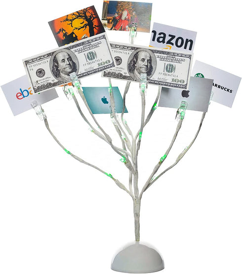 Money Tree Gift Card Holder with 10 Clips and 25 LED Light Up Lights Present Card Picture Display Tree Table Stand Creative Gift for Christmas/Birthday/Graduation Party