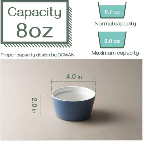 DOWAN Ramekins 8 oz Oven Safe, Porcelain Ramekins Souffle Dish, Creme Brulee Ramekins, Ramekins for Baking, Stackable Ramekin for Pudding, Spinach Souflees, Set of 6, Airy Blue