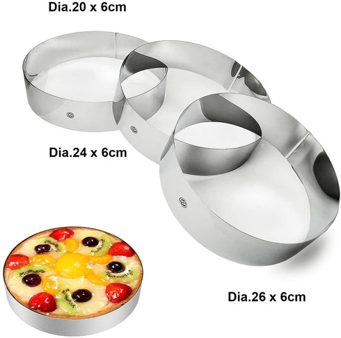 NewlineNY Stainless Steel Cake Mousse Rings for creating Round Appetizers, Molded Salads, Cakes, Mousse and Desserts, 3 Round Cake Mousse Flan Rings Set
