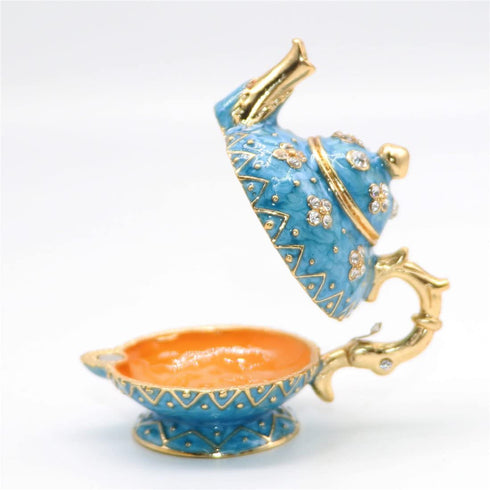 Waltz&F Retro light blue teapot Trinket Box Hinged Hand-painted Figurine Collectible Ring Holder