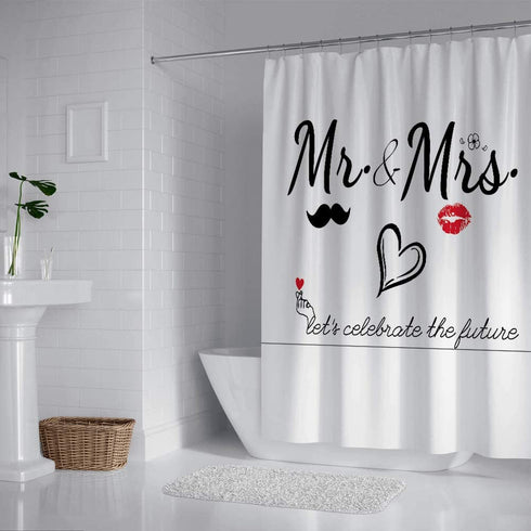 Mr Mrs Shower Curtain for Lover Couples Wedding Bridal Bathroom, Fabric Bath Decor Curtain Set with Hooks 71X71 Inches (Black and White)