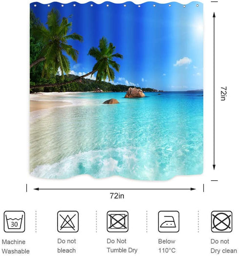 Ocean Beach Shower Curtain Blue Sky Sea Tropical Palm Trees Seaside Landscape Bath Curtain Waterproof Fabric Bathroom D©cor 72x72 Inch Plastic Hooks 12PCS Ocean Green