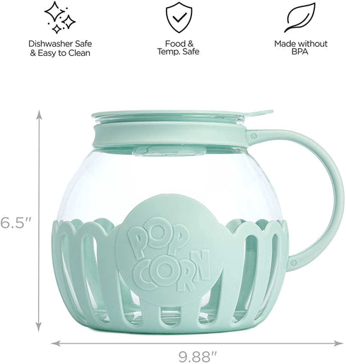 Ecolution Patented Microwave Micro-Pop Popcorn Popper, Borosilicate Glass, 3-in-1 Lid, Dishwasher Safe, BPA Free, 3 Quart Family Size, Aqua