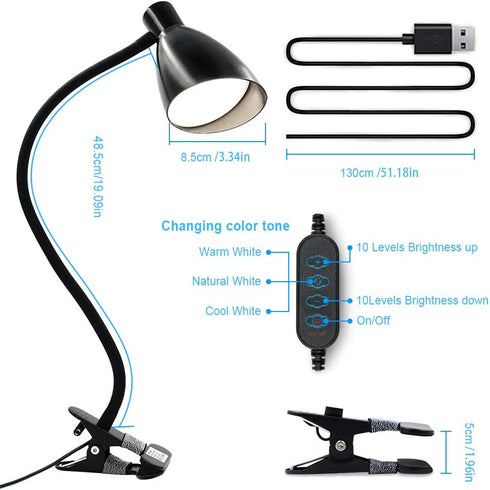 KAiSnova Clamp Lamp Clip on Light Reading Lights Eye-Caring 3 Color Modes 10 Brightness Dimmer 38 LED USB Study Book Light Desk Lamp 360° Flexible Night Light for Headboard Bedroom and Office