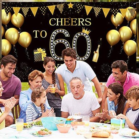 Happy 60th Birthday Party Backdrop Banner, Extra Large Fabric Black Gold Cheers to 60 Years Backdrop Anniversary Decoration Background Banner for Men Women 60th Birthday Party Supply, 72.8 x 43.3 Inch