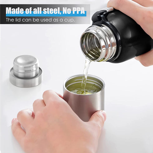 Insulated vacuum Thermo Bottle 25oz with cup lid Leakproof stainless water flask for coffee hot and cold drink.(Black,750ml)
