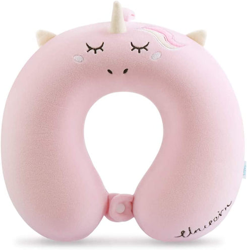 Kids Travel Neck Pillow,Unicorn Memory Foam Pillow with Snap,U-Shaped Airplane Car Flight Head Neck Support Pillow with Washable Cover for Adults Toddler,Gifts for Children,Boys,Girls (Pink)