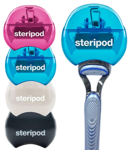 Steripod Men and Women Safety Razor Holder - Clip-On Cover Anti-Rust Blade Razor Protector Travel Size (2 Pk Blue - Black) (4 Pk (black, blue, white, pink))