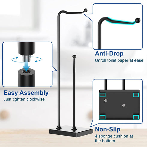 Toilet Paper Holder Stand, Veckle Free Standing Toilet Paper Holder for Bathroom, Weighted Base Toilet Paper Stand Black, Toilet Paper Roll Holder Stand with Reserve