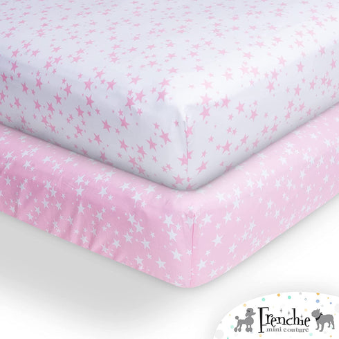 Frenchie Mini Couture Fitted Crib Sheets 100% Woven Cotton Fits Toddler Mattress, Pink Stars, 28 x 52in, 2-Pack
