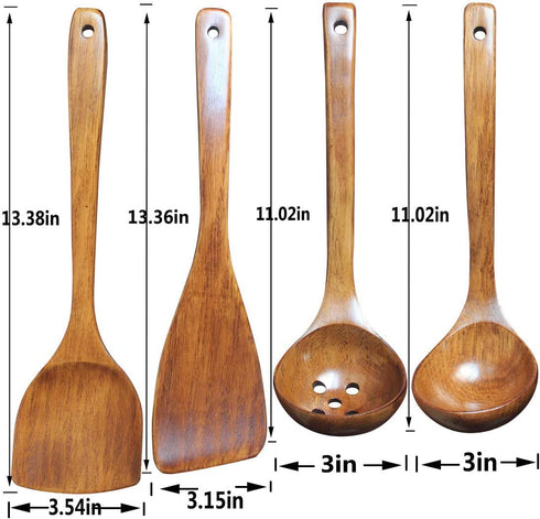 Wooden Utensils Set for Cooking Kitchen Tlever1 Solid Wood Kitchen Utensils Cooking Spatula and Spoons Set Slotted Spatula, Angled Spatula, Mixing Spoon, Colander Spoon (13.38in)