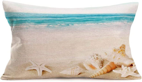 Fukeen Summer Beach Throw Pillow Covers Cotton Linen 12x20 Inch Blue Ocean Sea Starfish Scallop Pillow Cases Coastal Nautical Theme Home Decorative Pillows Cushion Cover for Sofa Couch Chair Outdoor