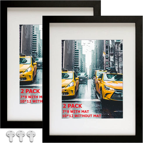 Picture Frame 10x12 Black Picture Frames Set of 2, Display Pictures 7x9 with Mat or 10x12 Without Mat, Solid Wood Photo Frames for Wall or Tabletop Display,Black