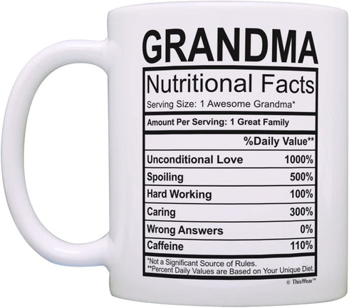 Mothers Day Gifts for Grandma Nutritional Facts Label Funny Gifts for Grandma Gag Gift Coffee Mug Tea Cup White