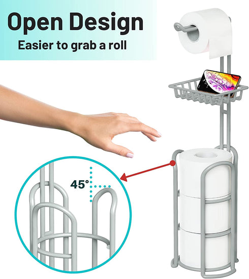 Upgrade Toilet Paper Holder Stand, Silver Gray Freestanding Toilet Paper Roll Holders with Shelf, Bathroom Tissue Storage Rack