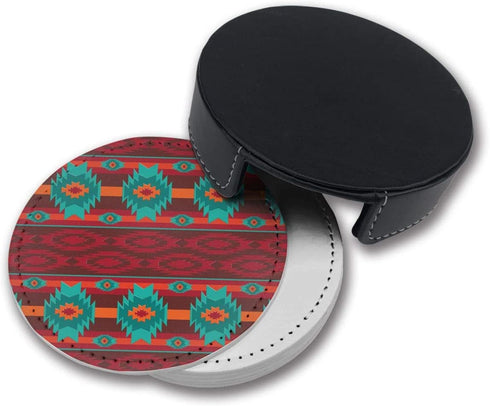 Southwest Southwestern Navajo Abstract Aztec Leather Coasters Cup Mats For Drinks With Holder,Set Of 6