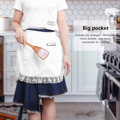 BESTONZON Women's Waist Apron with Pockets Lace Cotton Half Apron Kitchen Party Favors for Maid Waitress Servant(White)